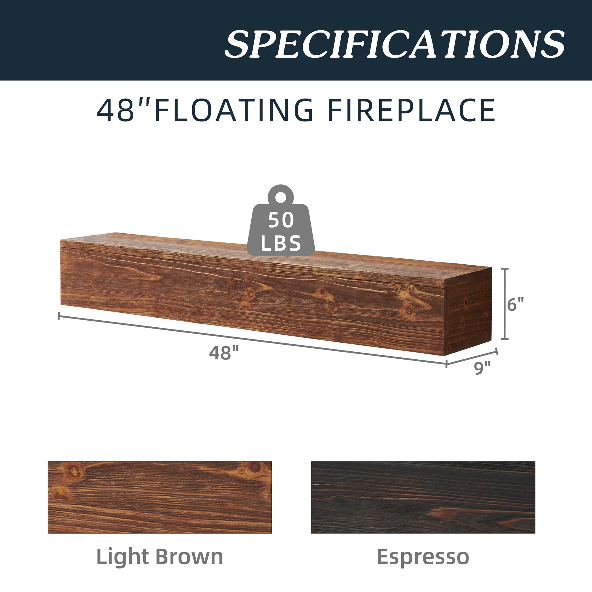 48" Rustic Wood Fireplace Mantel , Wall-Mounted & Floating Shelf for Home Decor - Korvel