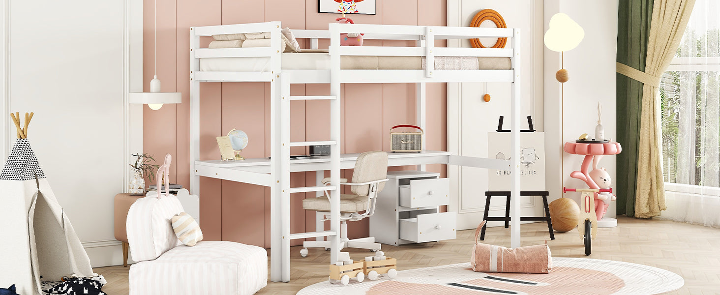 Twin Loft Wood Bed with Under-bed, Built-in Desk, a Storage Cabinet of 2 Drawers, Guardrails, Ladder,White - Korvel