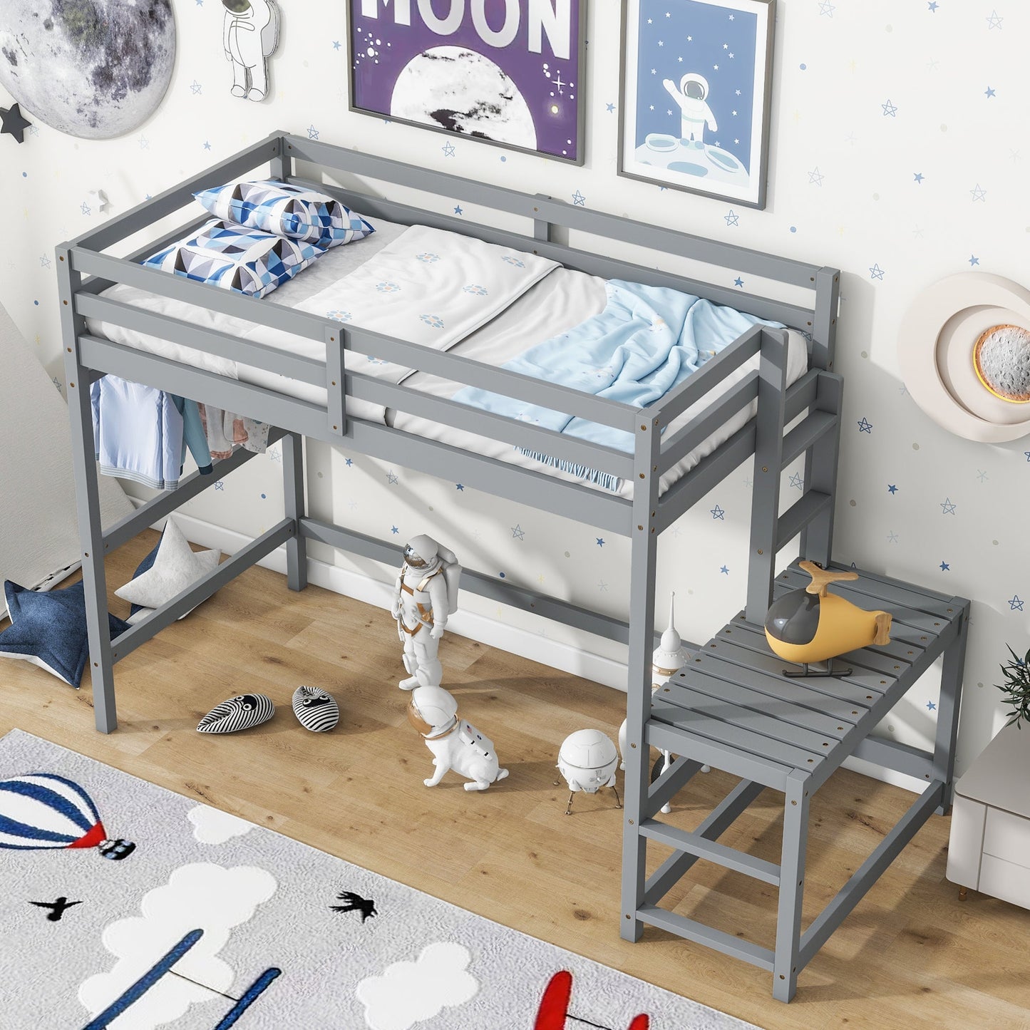 Twin High Loft Bed with Ladder landing Platform, Ladders, Guardrails,Grey - Korvel