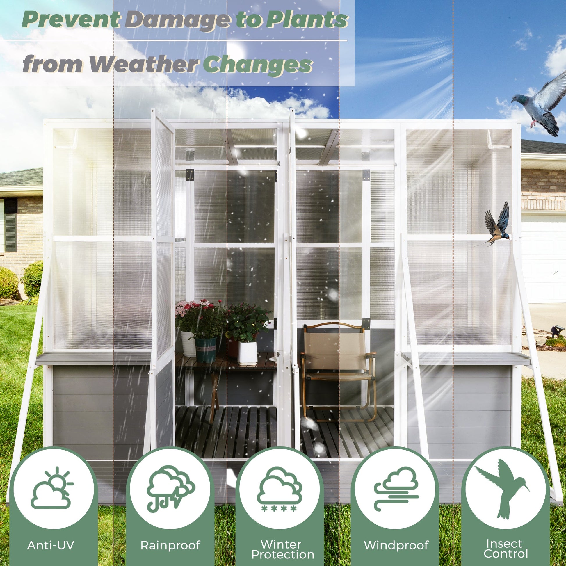 Greenhouse Wooden Lean to Greenhouses for Outdoors Heavy Duty Walk in Green House for Outside Winter - Korvel