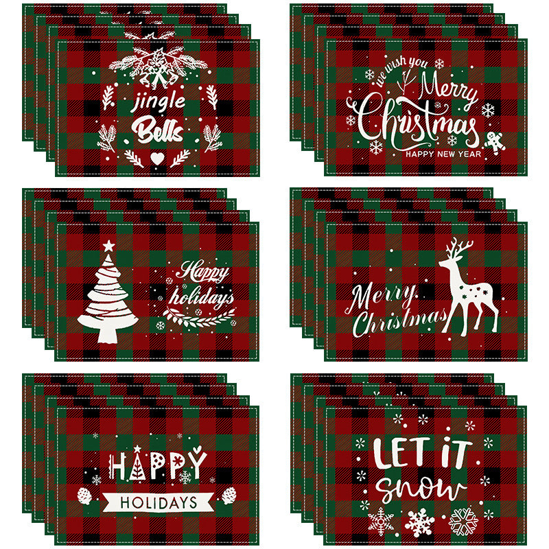 Christmas Tree Elk Printed Meal Mat Christmas Striped Checkered Table Mat White Hemp Western Food Mat - Korvel