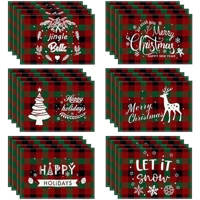 Christmas Tree Elk Printed Meal Mat Christmas Striped Checkered Table Mat White Hemp Western Food Mat - Korvel