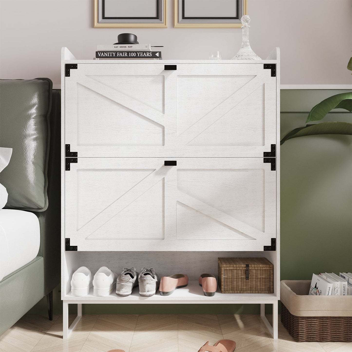 Elegant White Shoe Cabinet with 2 Flip Drawers