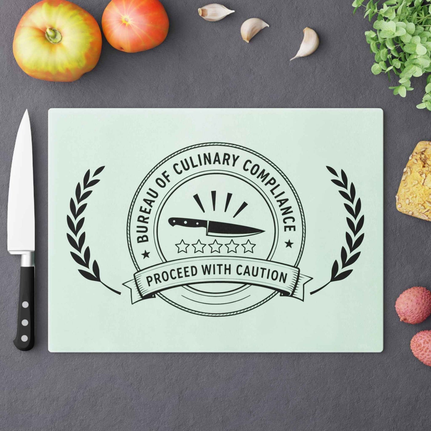 Planche à découper du Bureau de la conformité culinaire – Procédez avec prudence