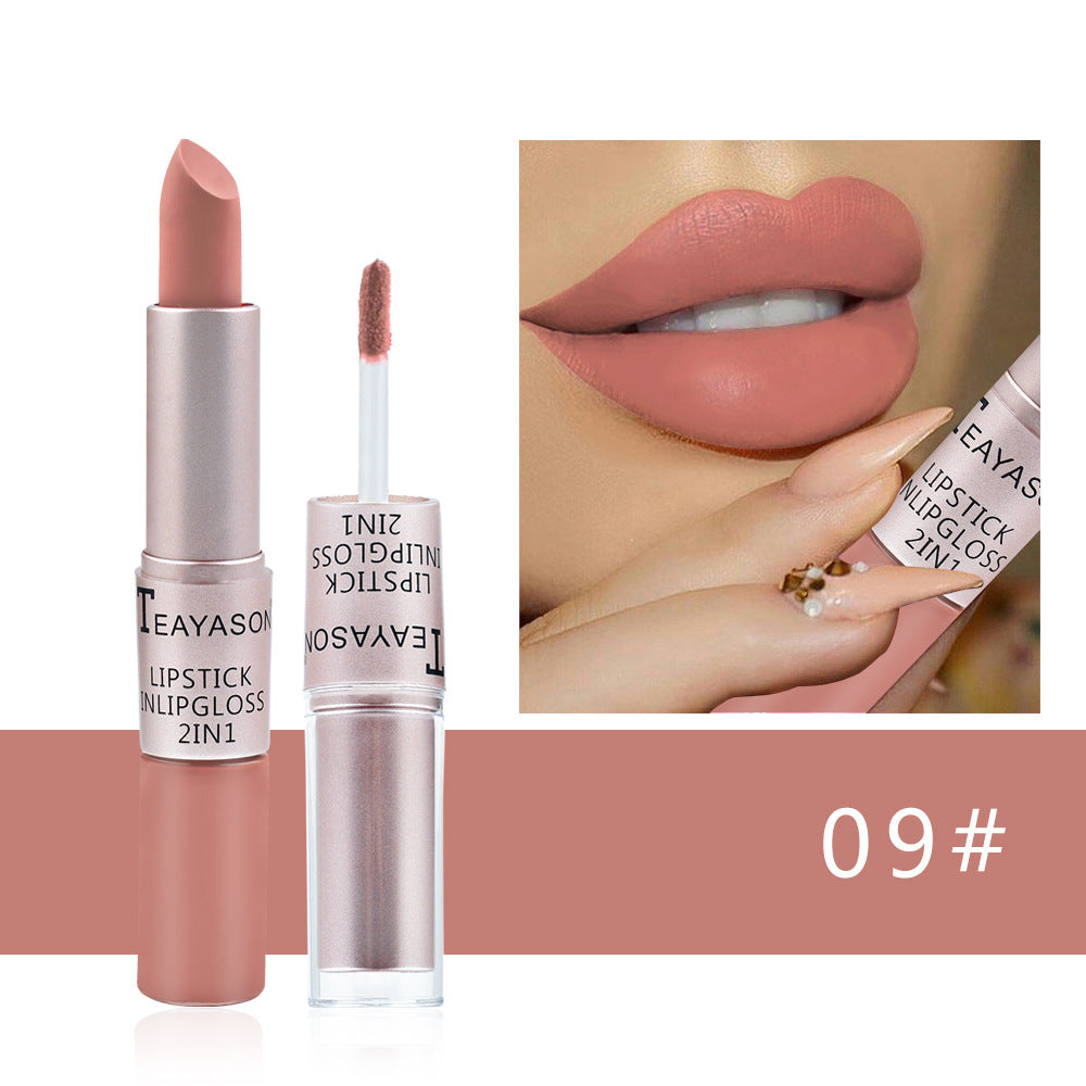 Double-Headed Non-Stick Cup Matte Matte Lip Gloss Two-In-One Matte Bean Paste Does Not Fade With Cup Lipstick Female - Korvel