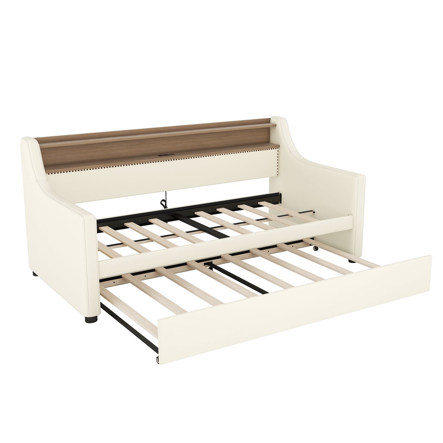 Twin Size Daybed with Trundle, Upholstered Daybed with Charging Station and LED Lights, White - Korvel