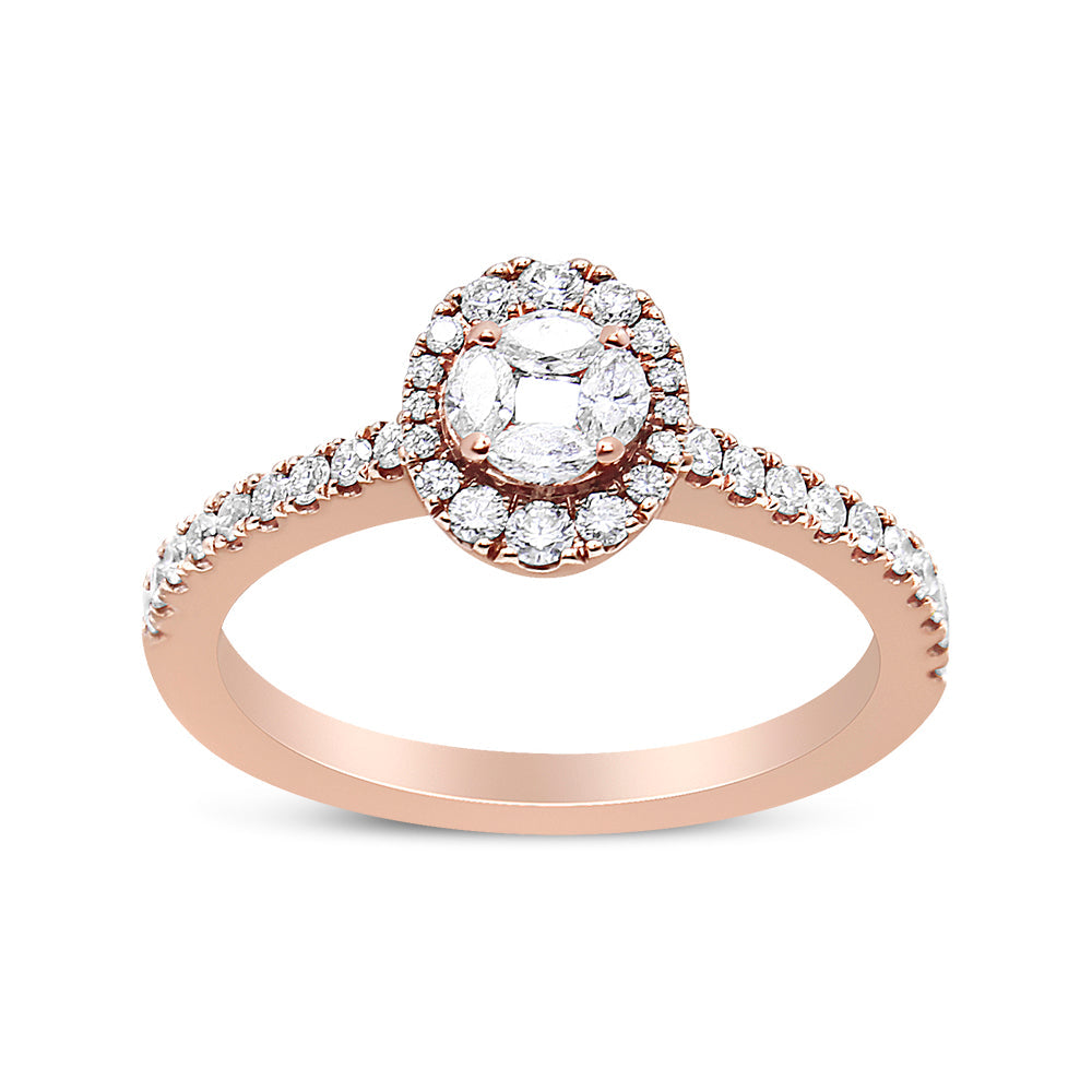 Bague de fiançailles halo en or rose 18K marquise et ovale - Taille 7