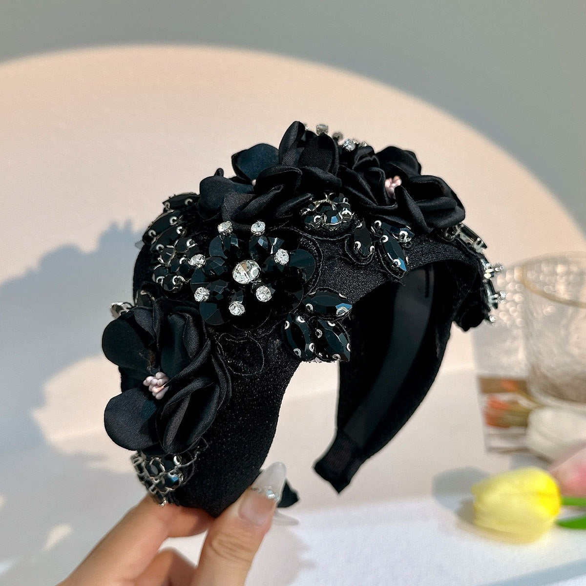 Solid color fabric flower oversized wide edged crystal headband - Korvel