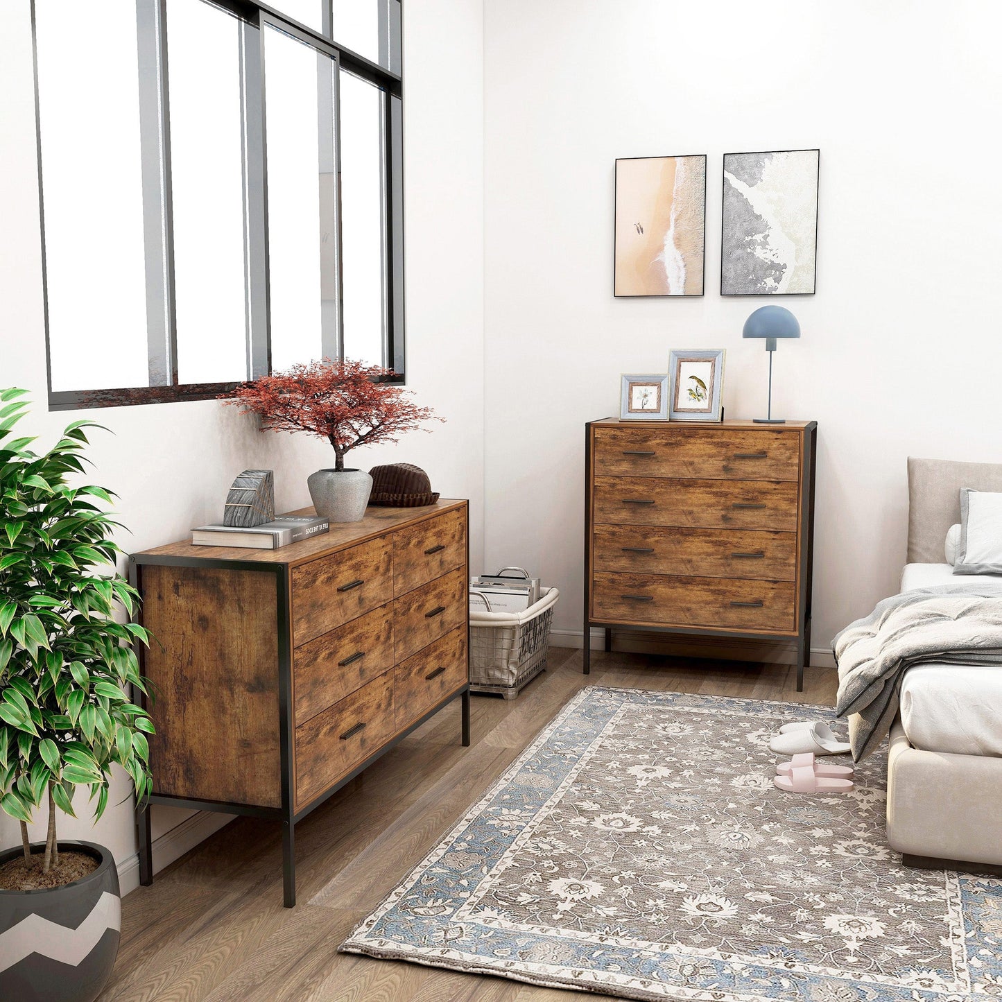 Industrial Style 6 Drawer Double Dresser in Rustic Brown
