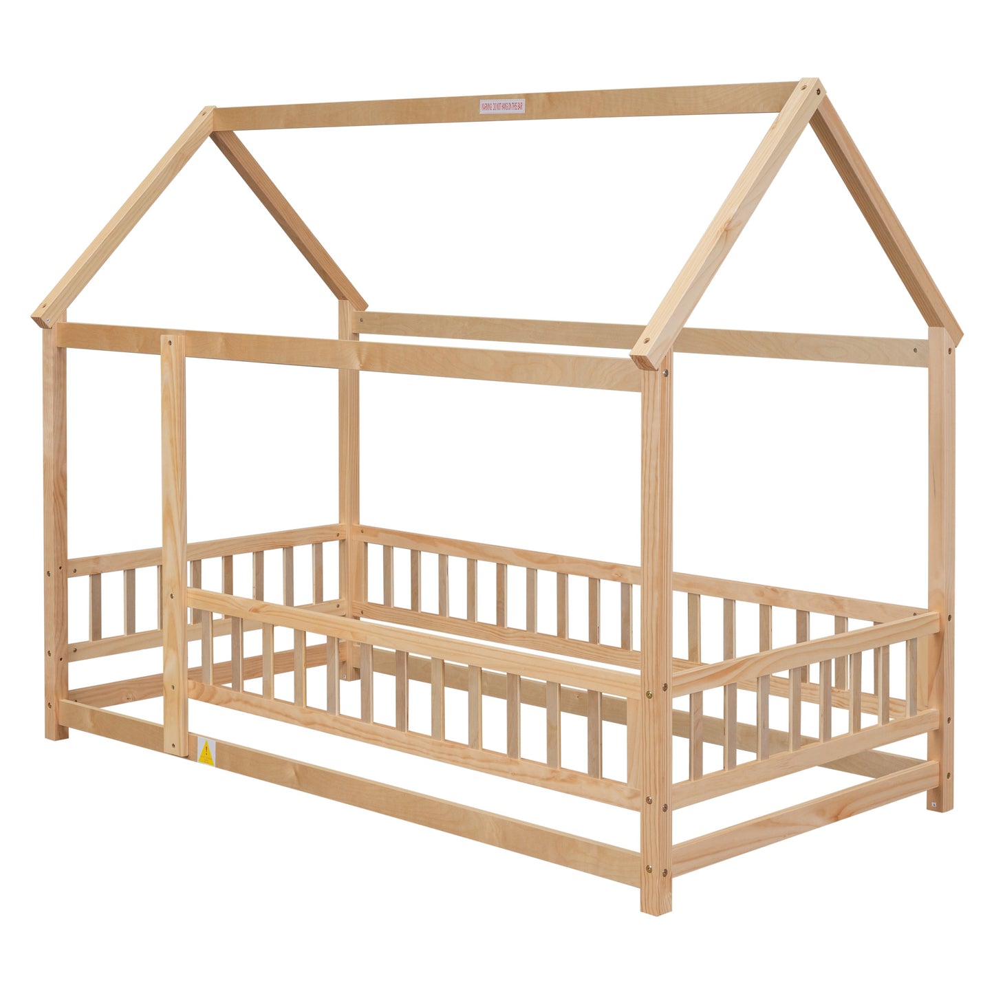 Lit en bois taille twin avec cadre de toit de maison et barrières de sécurité