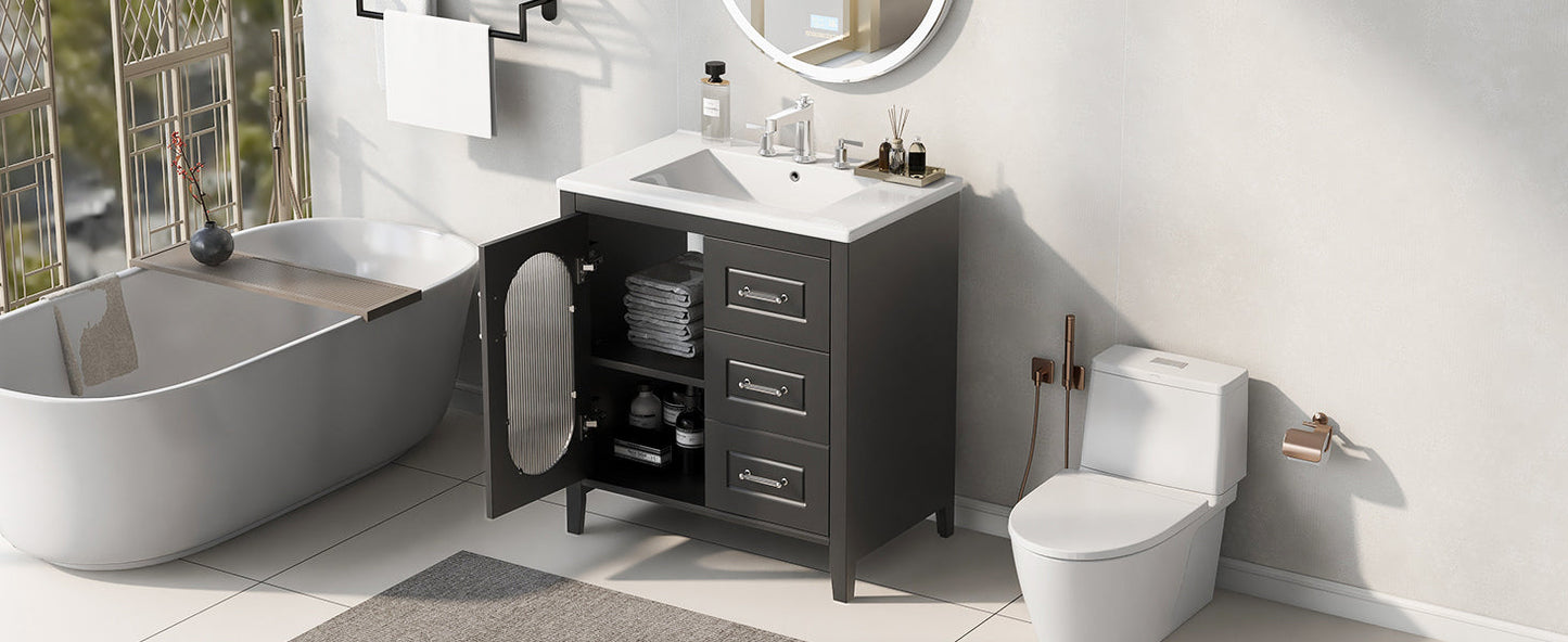 30" Bathroom Vanity with Sink, Bathroom Vanity Cabinet with Two Drawers and Door, Adjustable Shelf, Solid Wood and MDF, Black - Korvel