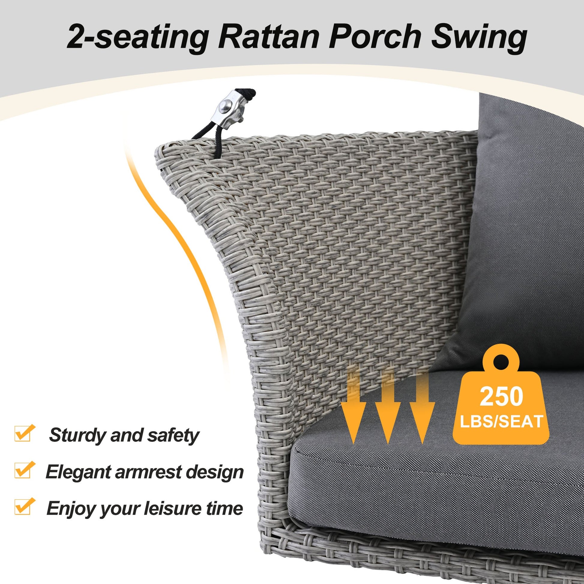 GO 51.9" 2-Person Hanging Seat, Rattan Woven Swing Chair, Porch Swing With Ropes, Gray Wicker And Cushion - Korvel
