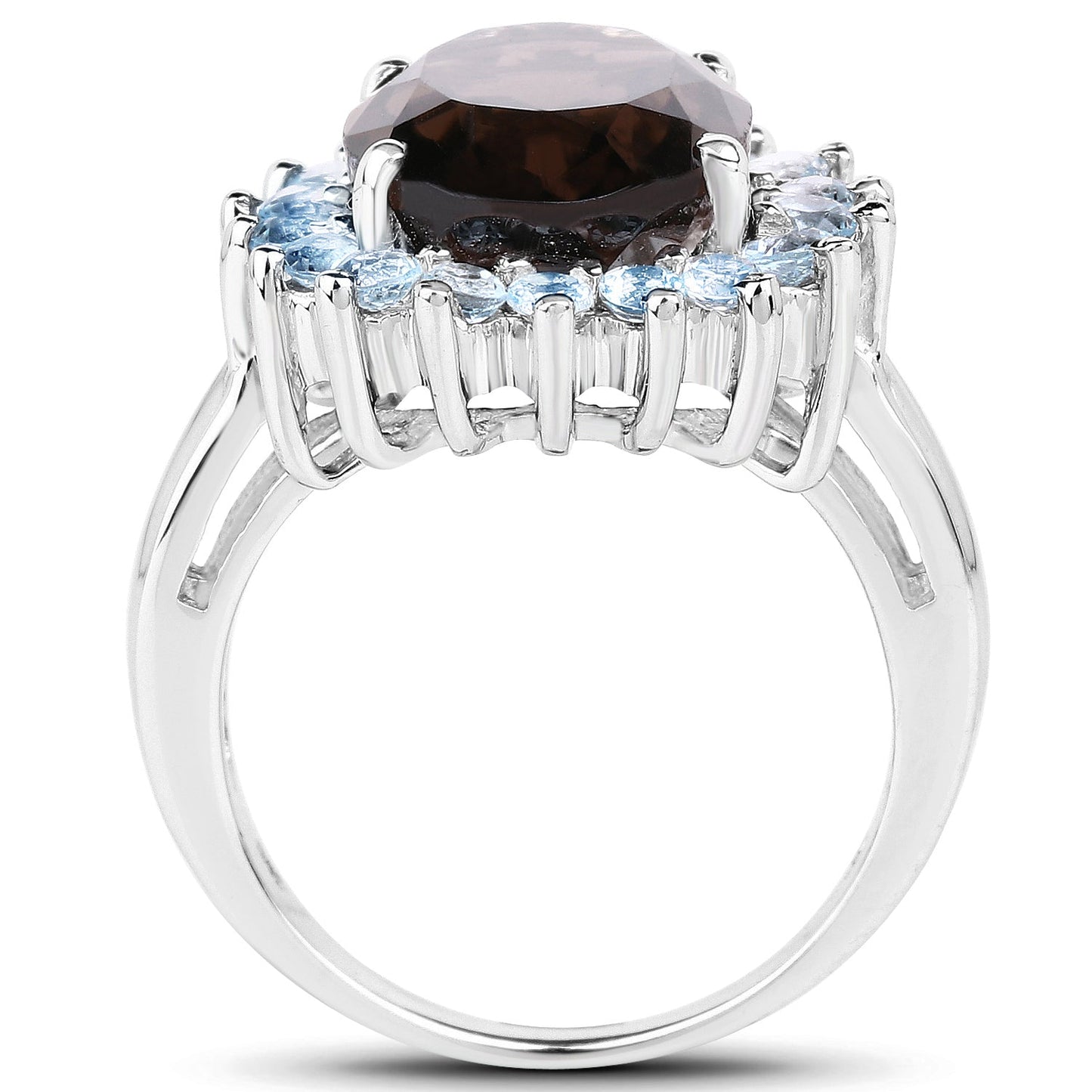 Anillo de Plata Esterlina con Cuarzo Ahumado de 6.79 Quilates y Topacio Azul