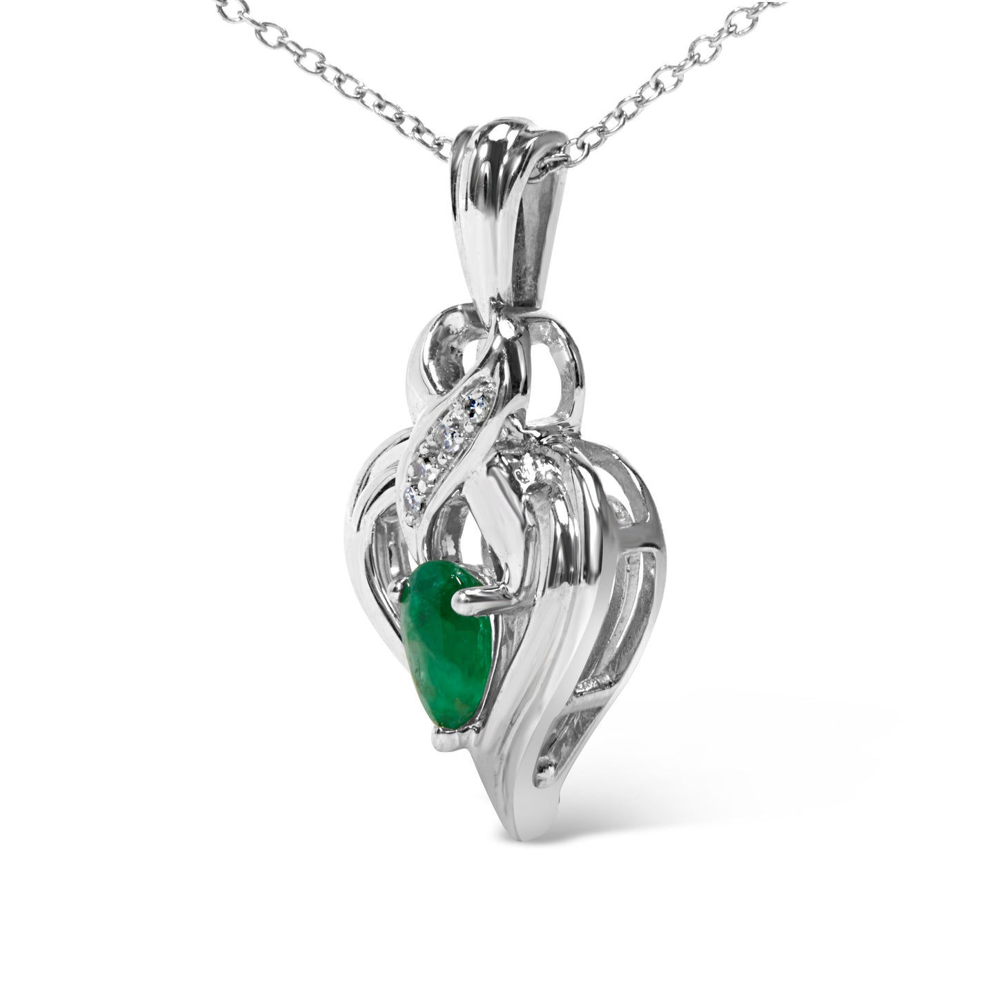 Collier Pendentif Cœur en Émeraude et Diamant en Argent Sterling .925 - 18 Pouces
