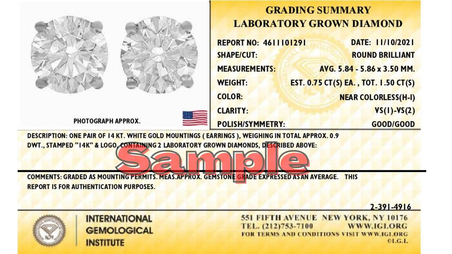 Pendientes de Stud de Diamante Creado en Laboratorio de Oro Blanco de 14K Certificados por IGI