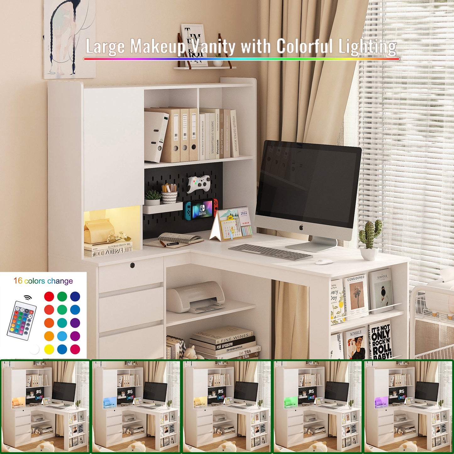 L-shaped office desk with charger, bookshelf with drawers and LED lights, and corner gaming computer desk with storage space - Korvel