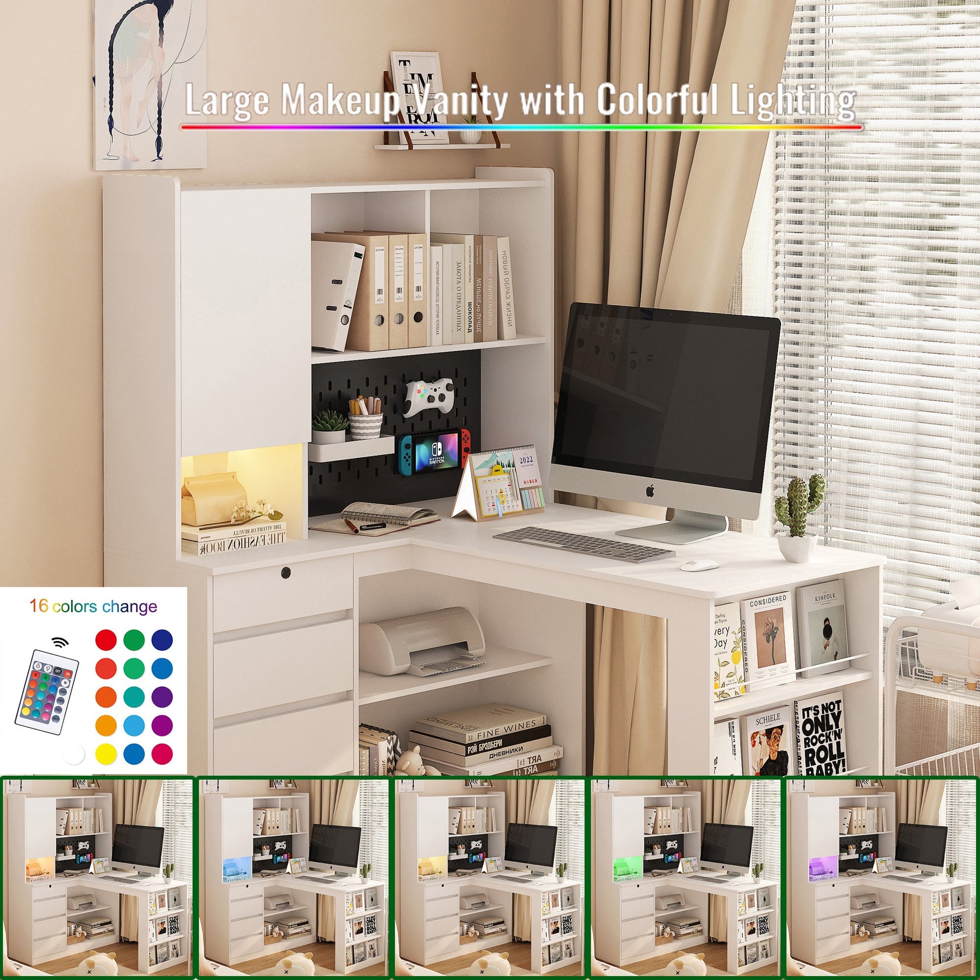 L-shaped office desk with charger, bookshelf with drawers and LED lights, and corner gaming computer desk with storage space - Korvel
