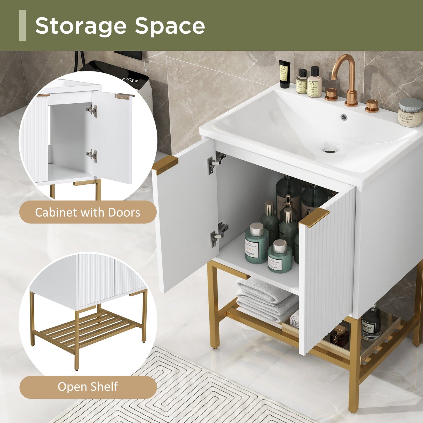 24" Bathroom Vanity with Sink, Bathroom Vanity Cabinet with Two Doors and Gold Metal Frame, Open Storage Shelf, White - Korvel