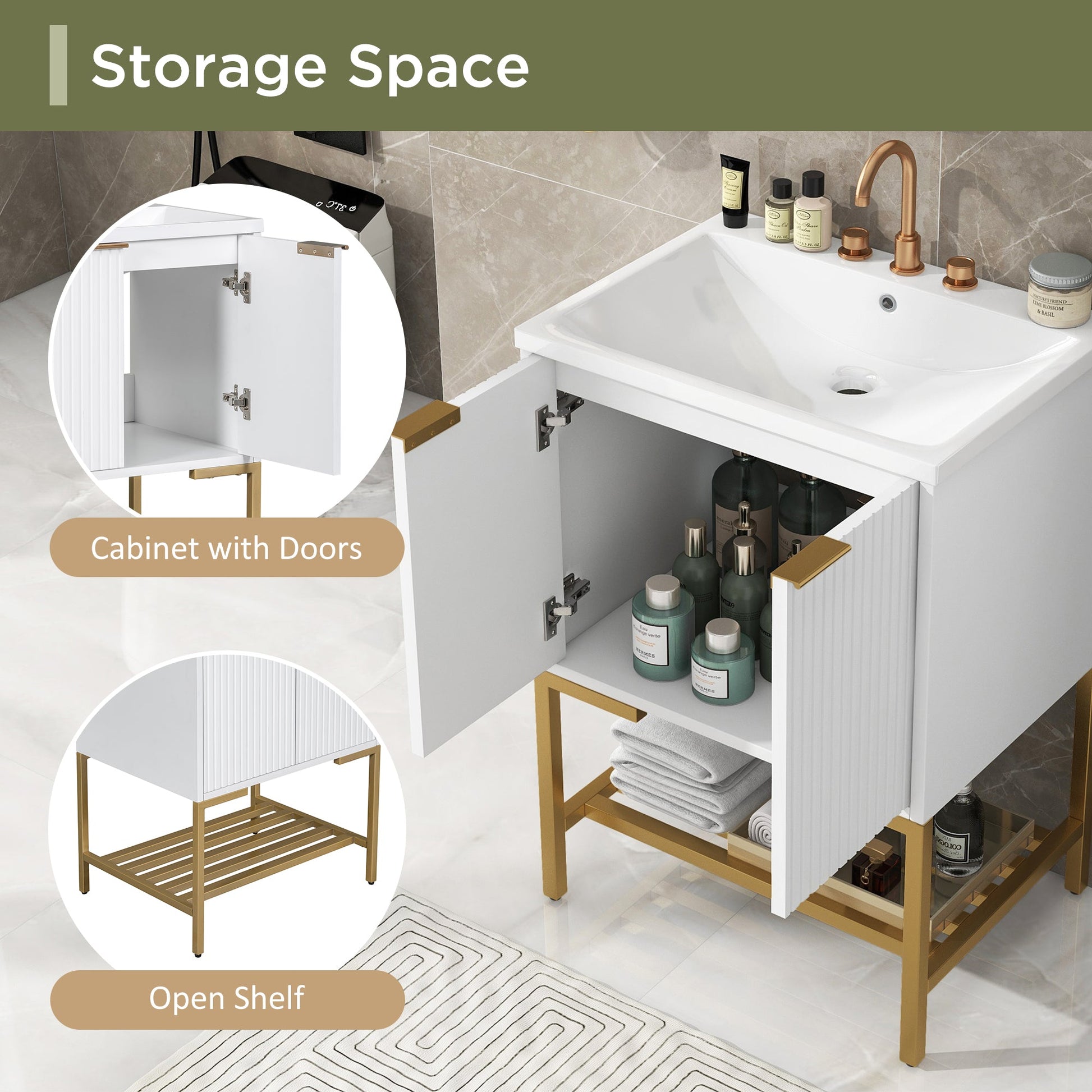 24" Bathroom Vanity with Sink, Bathroom Vanity Cabinet with Two Doors and Gold Metal Frame, Open Storage Shelf, White - Korvel