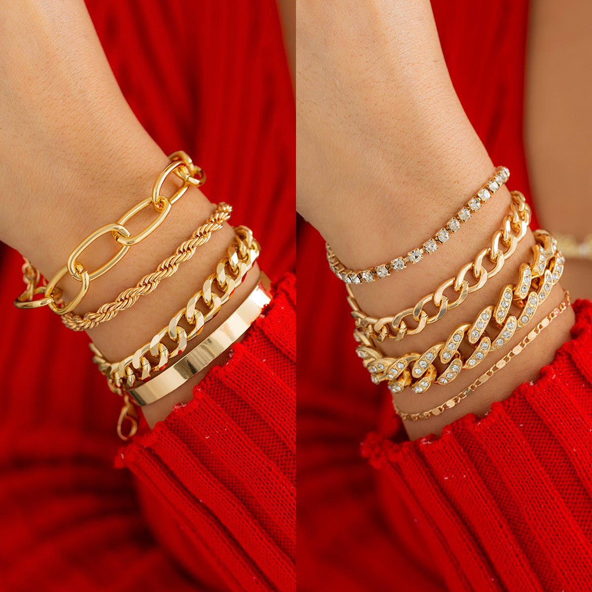 Hip hop Sweet Cool Diamond Set Cuban Buckle Bracelet Christmas Style Stacked Metal Smooth Bracelet for Women - Korvel