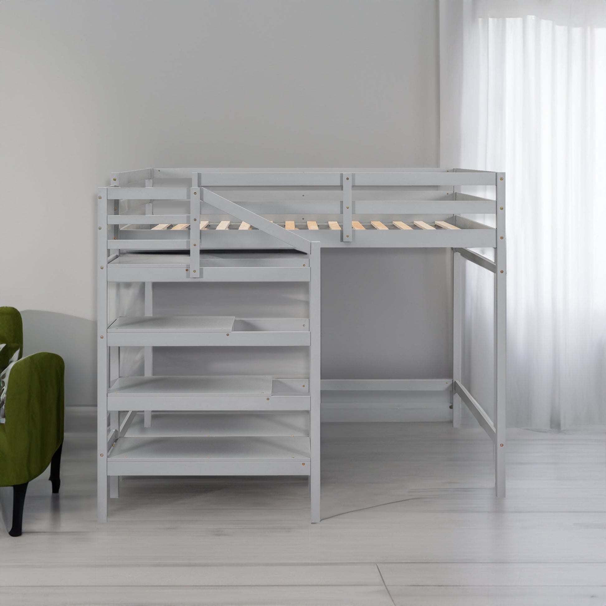 Full Size Loft Bed with Built-in Storage Staircase and Hanger for Clothes, Gray - Korvel