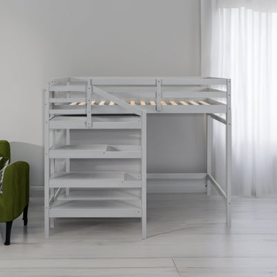 Full Size Loft Bed with Built-in Storage Staircase and Hanger for Clothes, Gray - Korvel