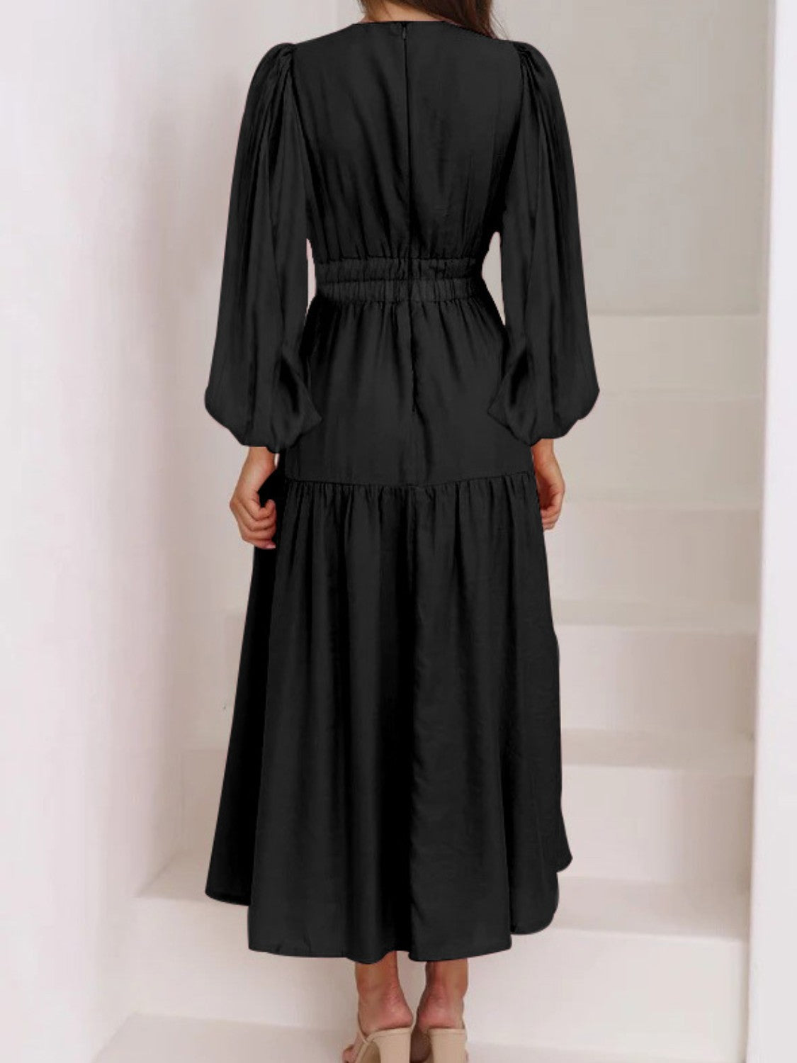 Elegant Lightweight Deep V-Neck Balloon Sleeve Maxi Dress