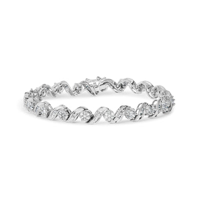 14K White Gold Diamond Cluster & Spiral Link Bracelet - 2.00 Cttw