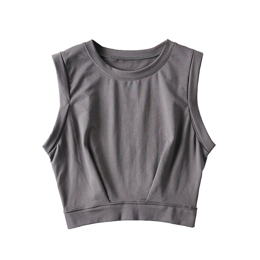 Short crop top with exposed navel and sleeveless loose fitting vest women's high waisted sports fitness yoga base shirt - Korvel