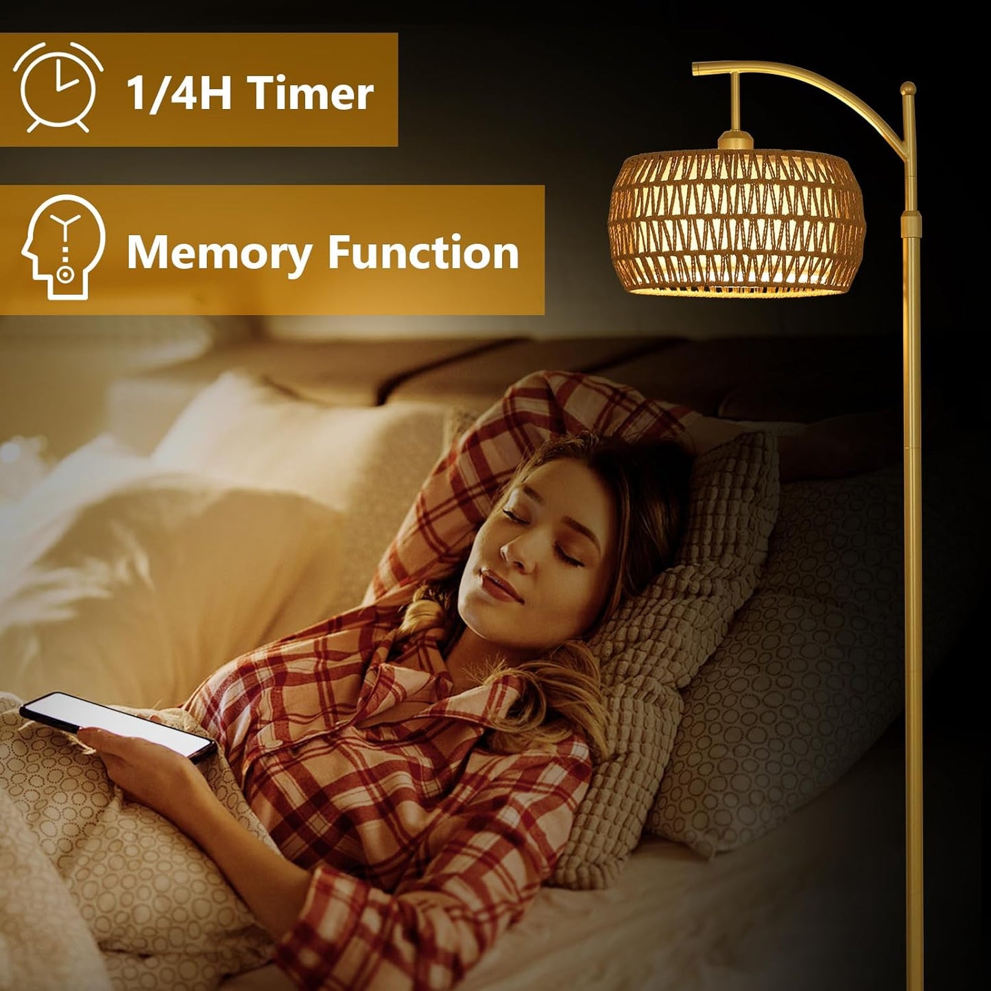 Arc Floor Lamp with 3 Color Temperatures, LED Gold Floor Lamp with Remote & Stepless Dimmable Bulb, Boho Standing Lamp - Korvel