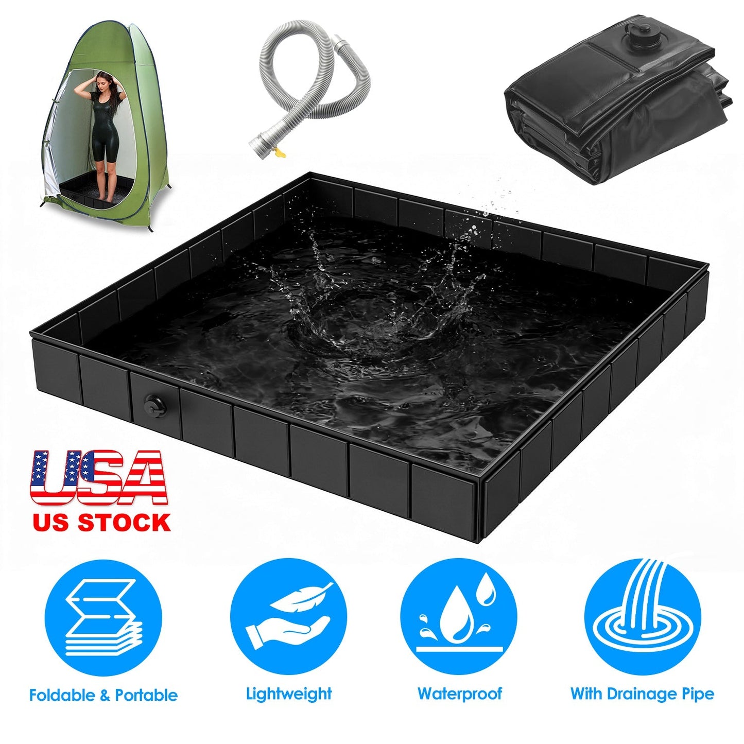 Portable Shower Pan - 41x41in Collapsible Basin for Outdoor Use