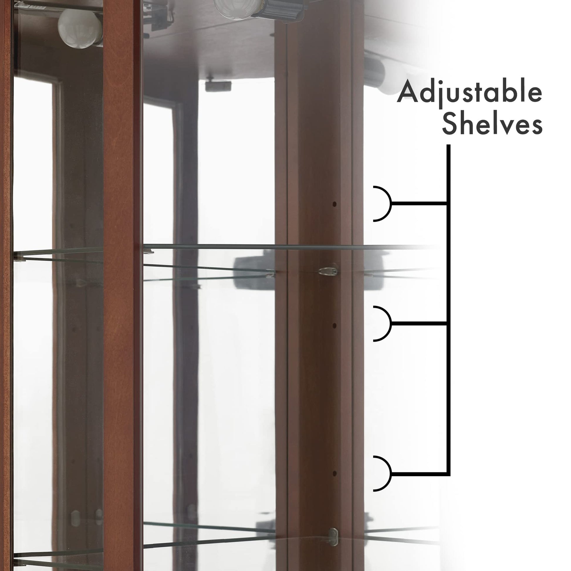 6 shelves corner Curio display cabinet with light mirror and adjustable shelves, walnut wood (excluding E26 light bulbs) - Korvel