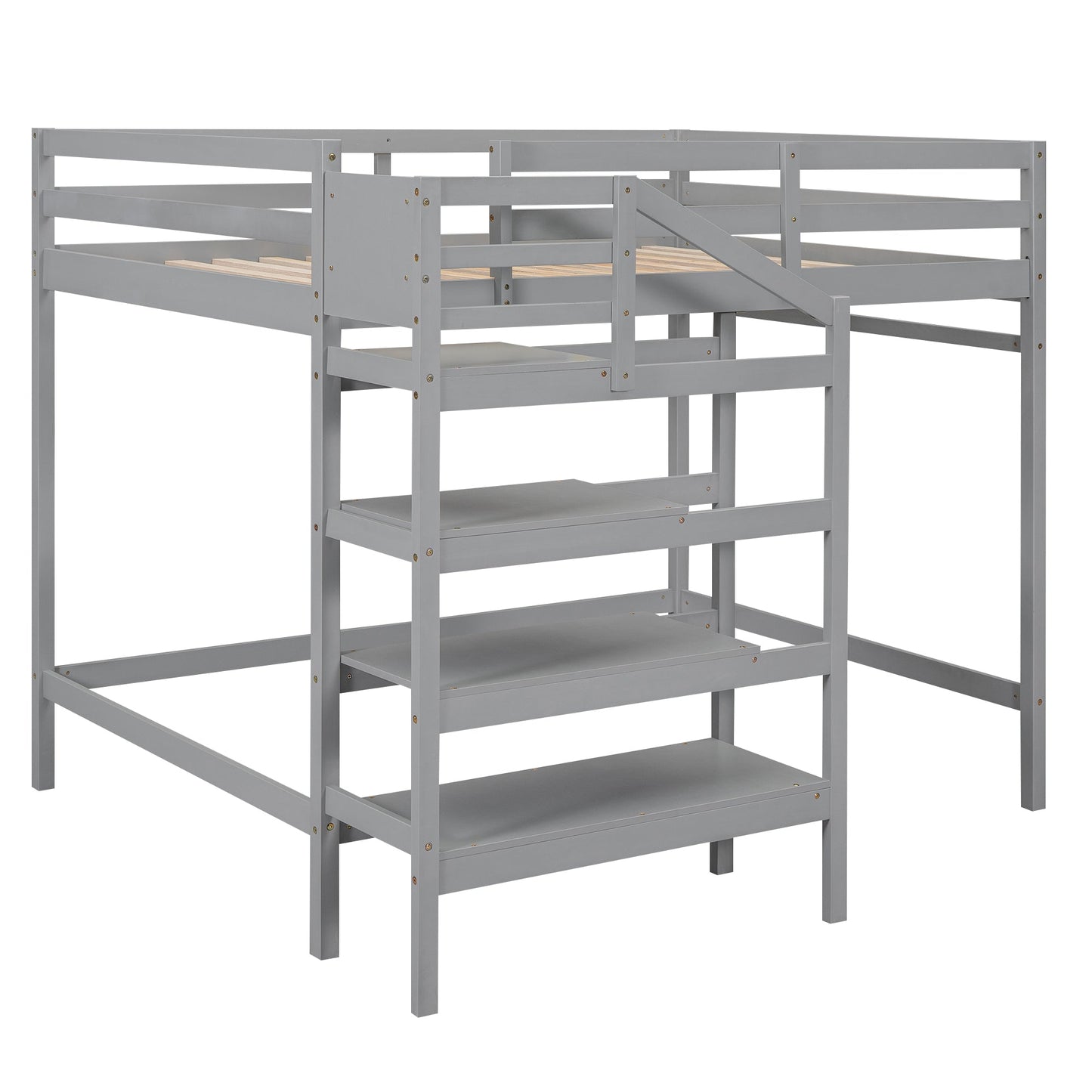 Full Size Loft Bed with Built-in Storage Staircase and Hanger for Clothes, Gray - Korvel