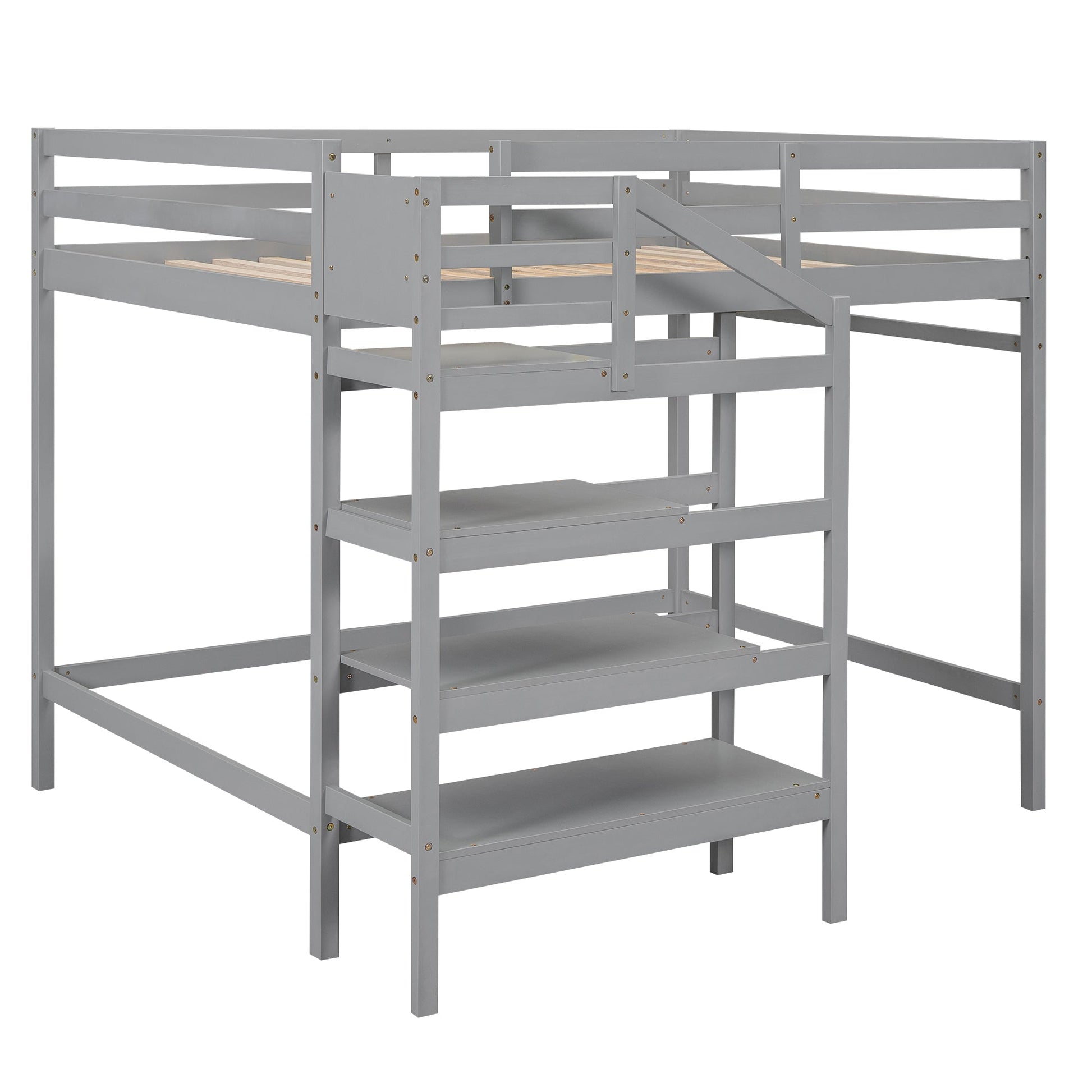 Full Size Loft Bed with Built-in Storage Staircase and Hanger for Clothes, Gray - Korvel