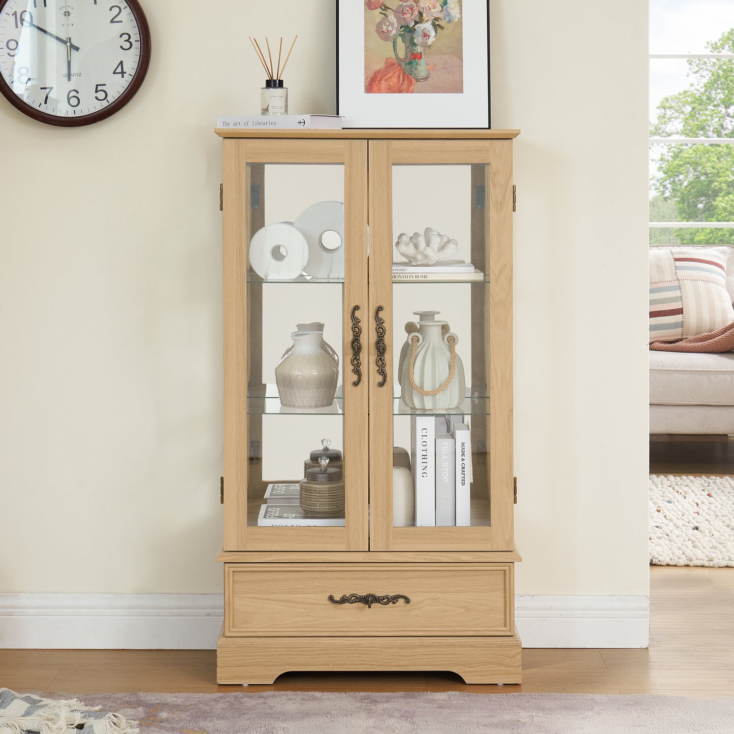 Light colored glass cabinet with adjustable glass frame, including cabinet light bulbs OAK with 2 doors and 1 drawer - Korvel