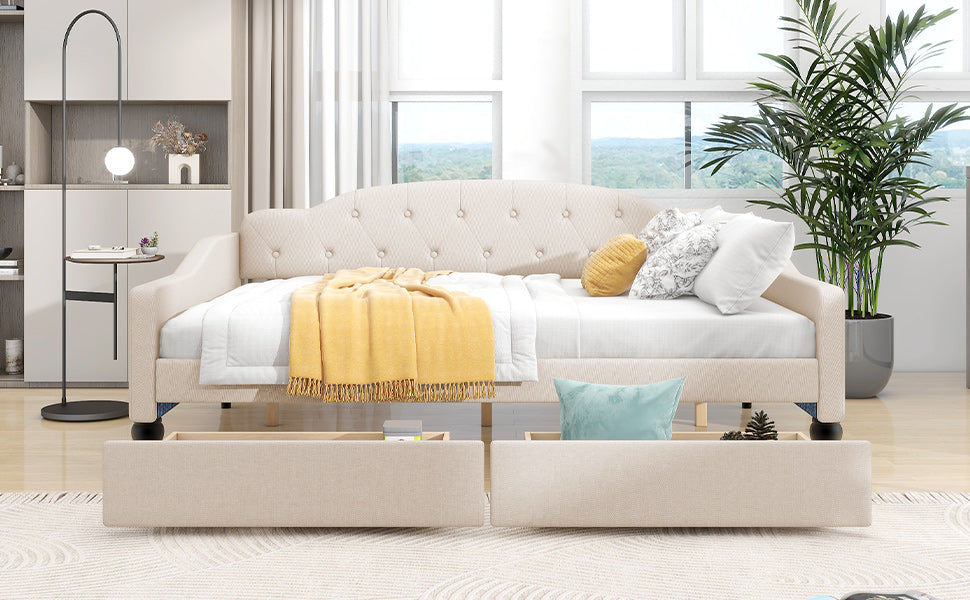 Full Size Upholstered Tufted Daybed with Two Drawers, Beige - Korvel