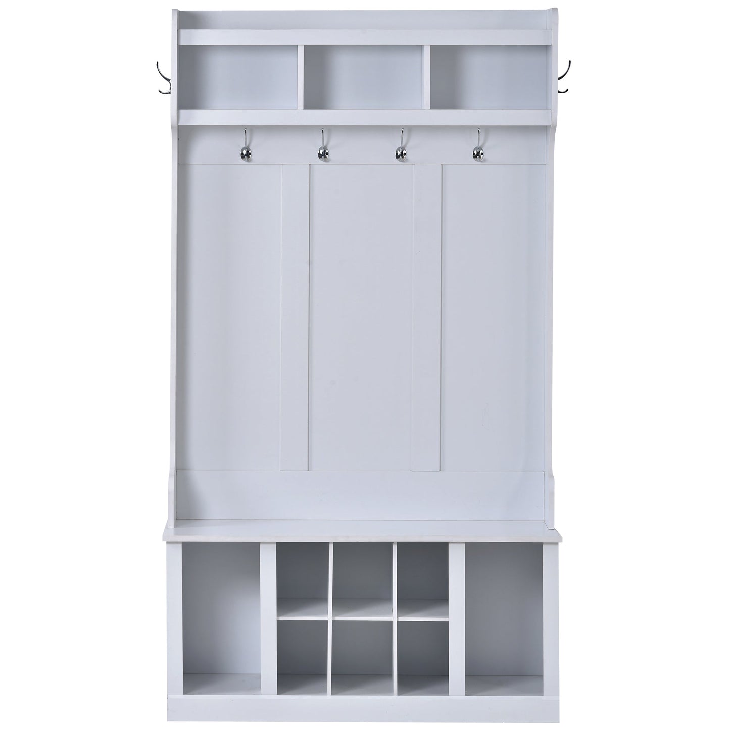 U-Can Hall Tree with 6 Hooks  Coat Hanger Entryway Bench Storage Bench (White) - Korvel