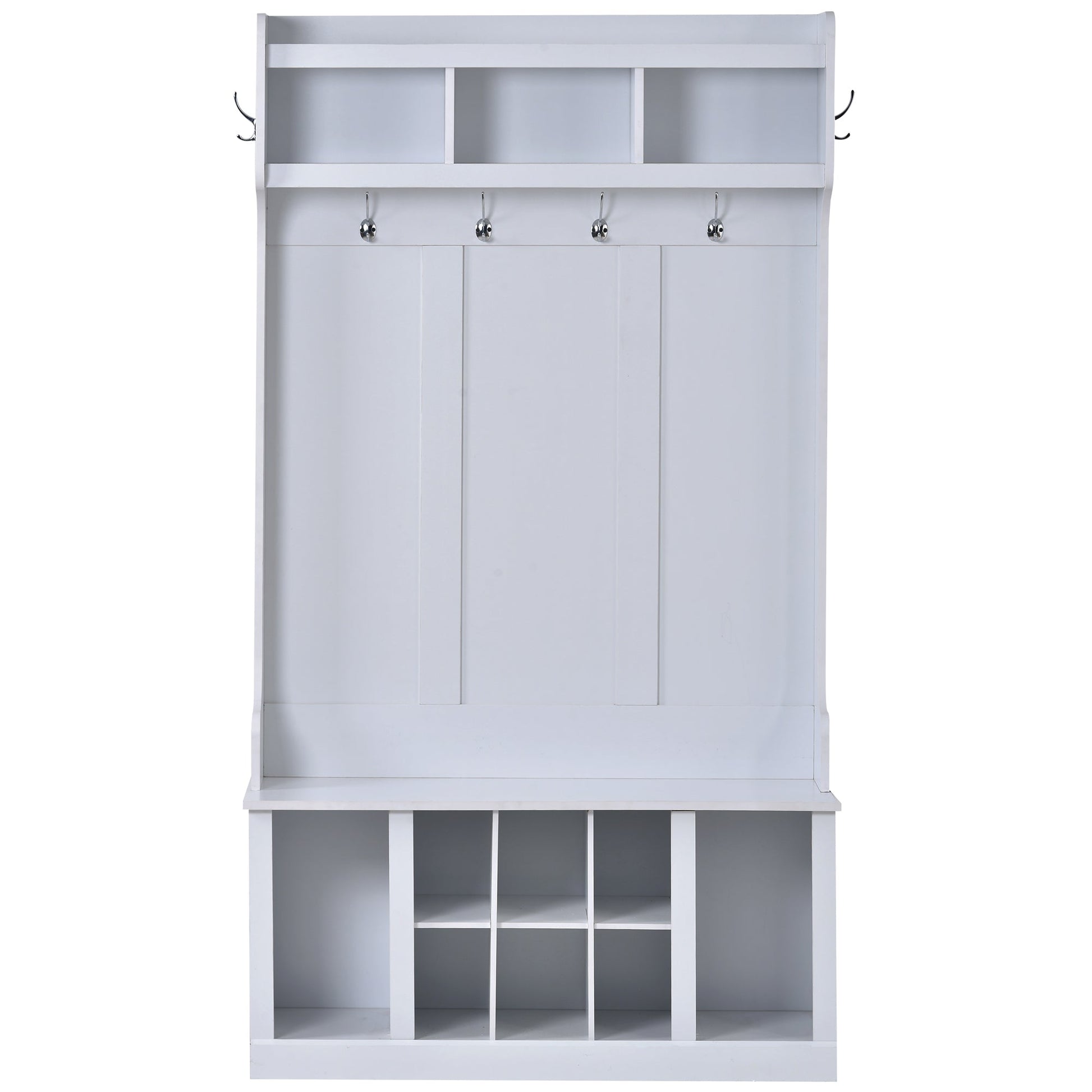 U-Can Hall Tree with 6 Hooks  Coat Hanger Entryway Bench Storage Bench (White) - Korvel