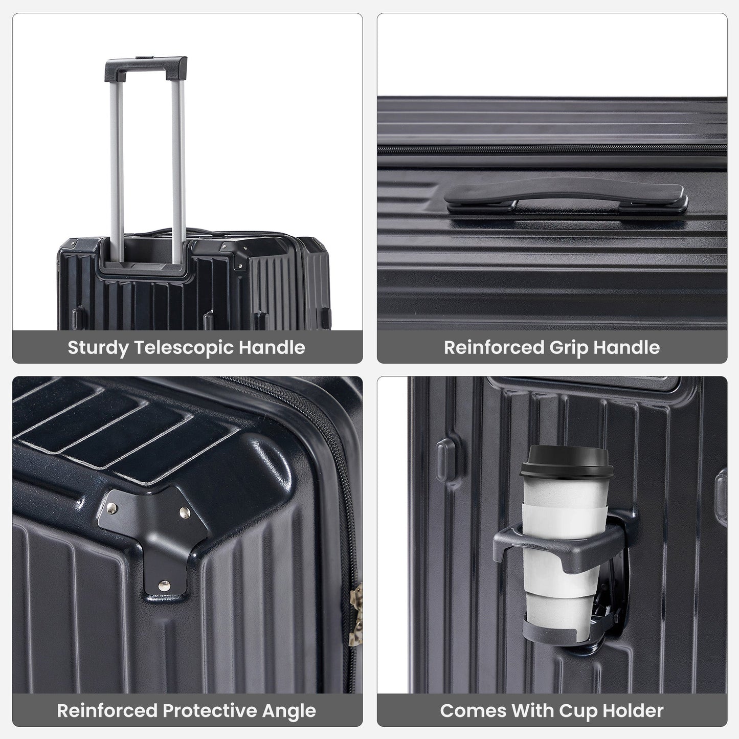 Luggage Set 4 pcs (20"/24"/29"/Travel Bag), PC+ABS Durable Lightweight Luggage with Collapsible Cup Holder TSA Lock, Black - Korvel