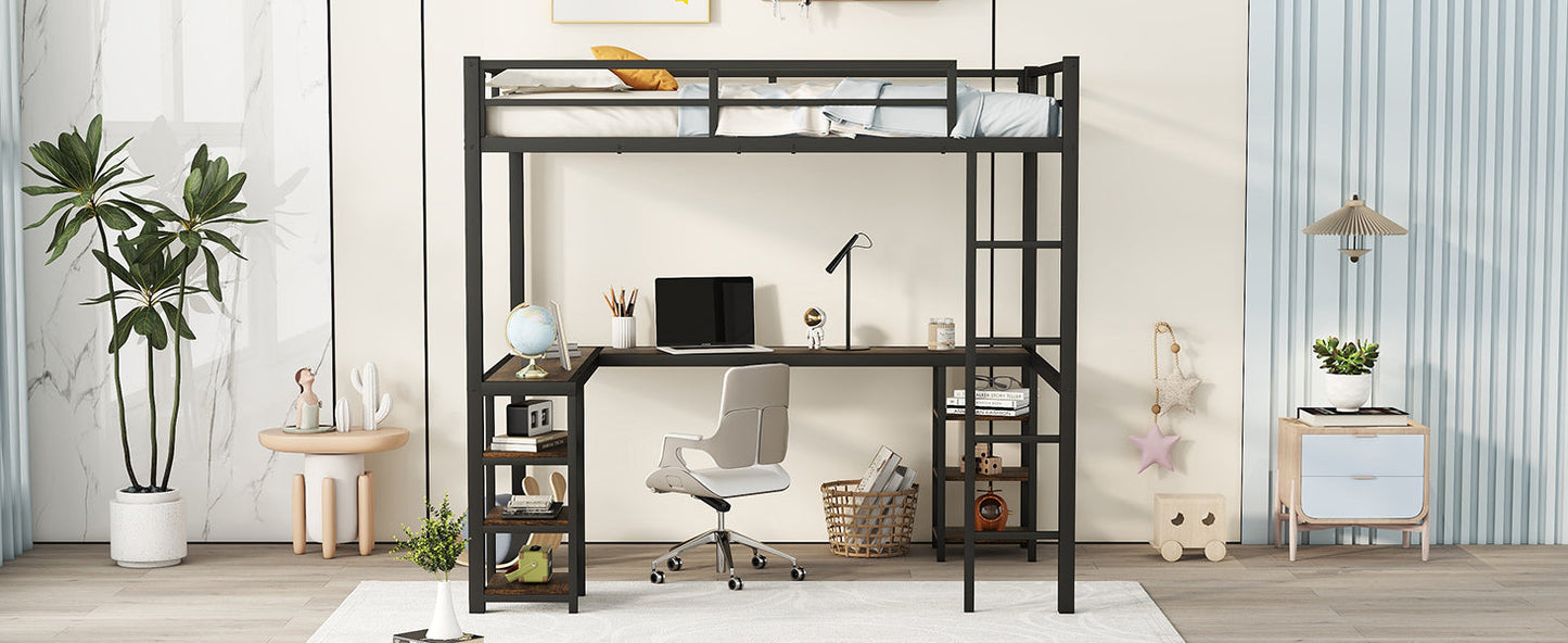 Full metal loft bed with desk and shelf, loft bed with ladder and guardrail, black with retro wood desk - Korvel