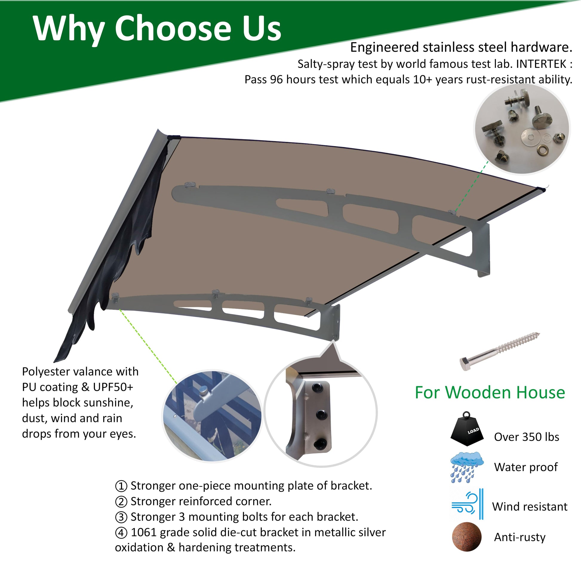 DA4734W Series Door Window Awning Made of 0.137 Inch Thick Crystal Polycarbonate Sheet in size of 47" Wide x 34" Brown Roof - Korvel