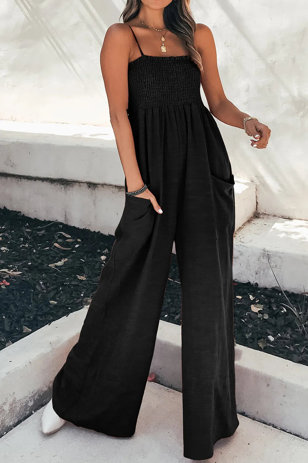 Smocked Spaghetti Strap Wide Leg Jumpsuit - Korvel