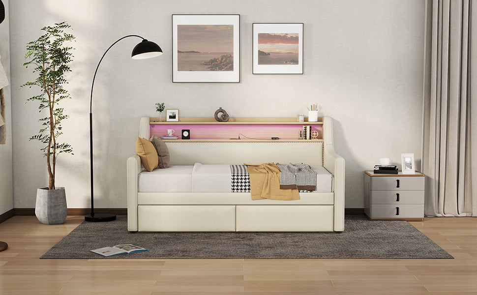 Twin Size Daybed with Storage Drawers, Upholstered Daybed with Charging Station and LED Lights, Beige - Korvel