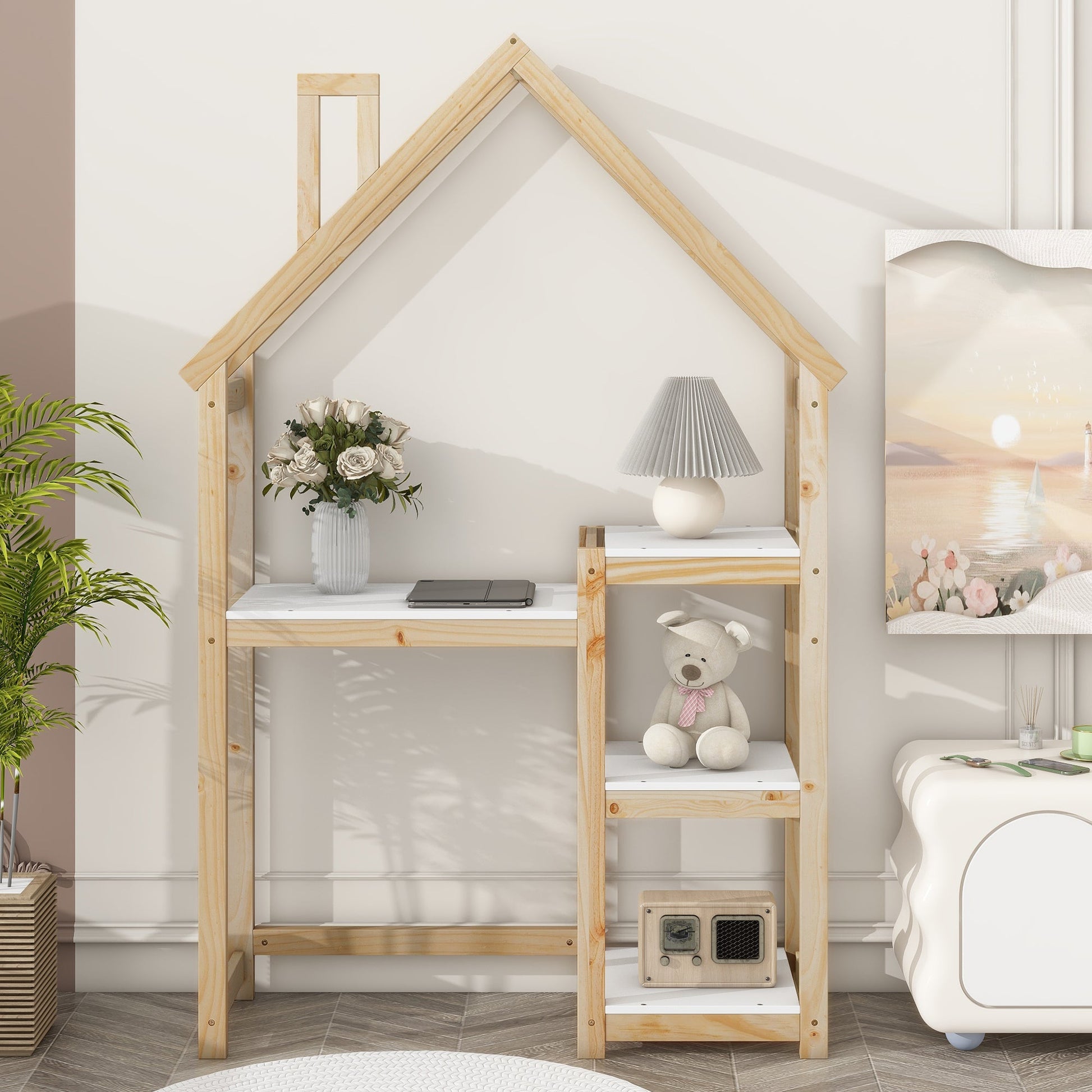 House-shaped Wooden writing Desk Kids study Table Bookshelf & Toy Storage Natural - Korvel
