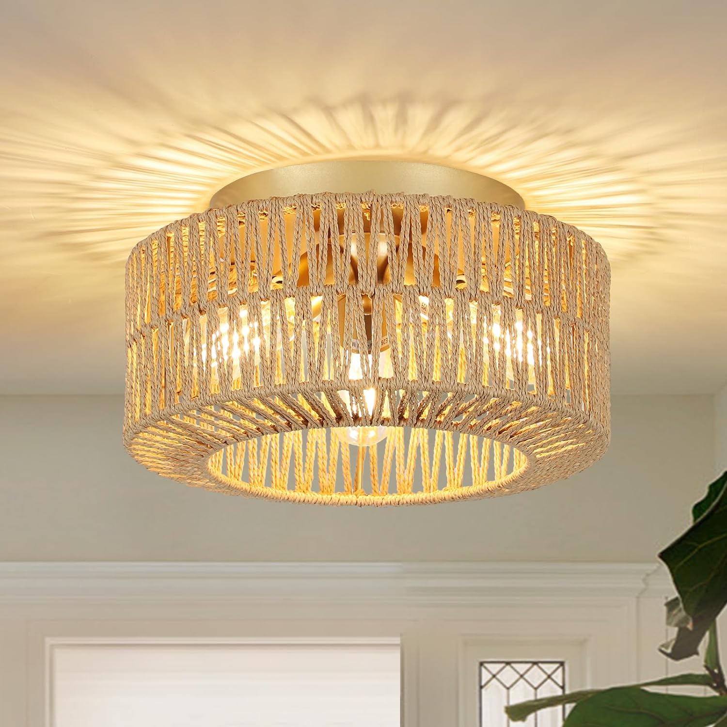 Boho Light Fixtures Ceiling Mount 3-Light Farmhouse Rattan Ceiling Light Fixture Flush Mount Ceiling Light with Hand-Woven Shade - Korvel