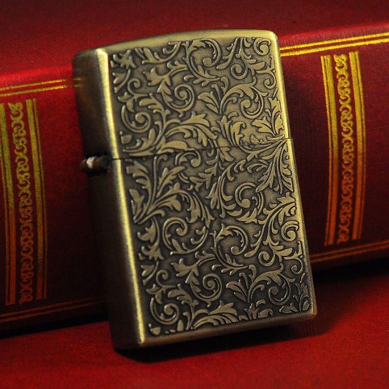 Retro Windproof Kerosene Lighter with Bronze Relief Design