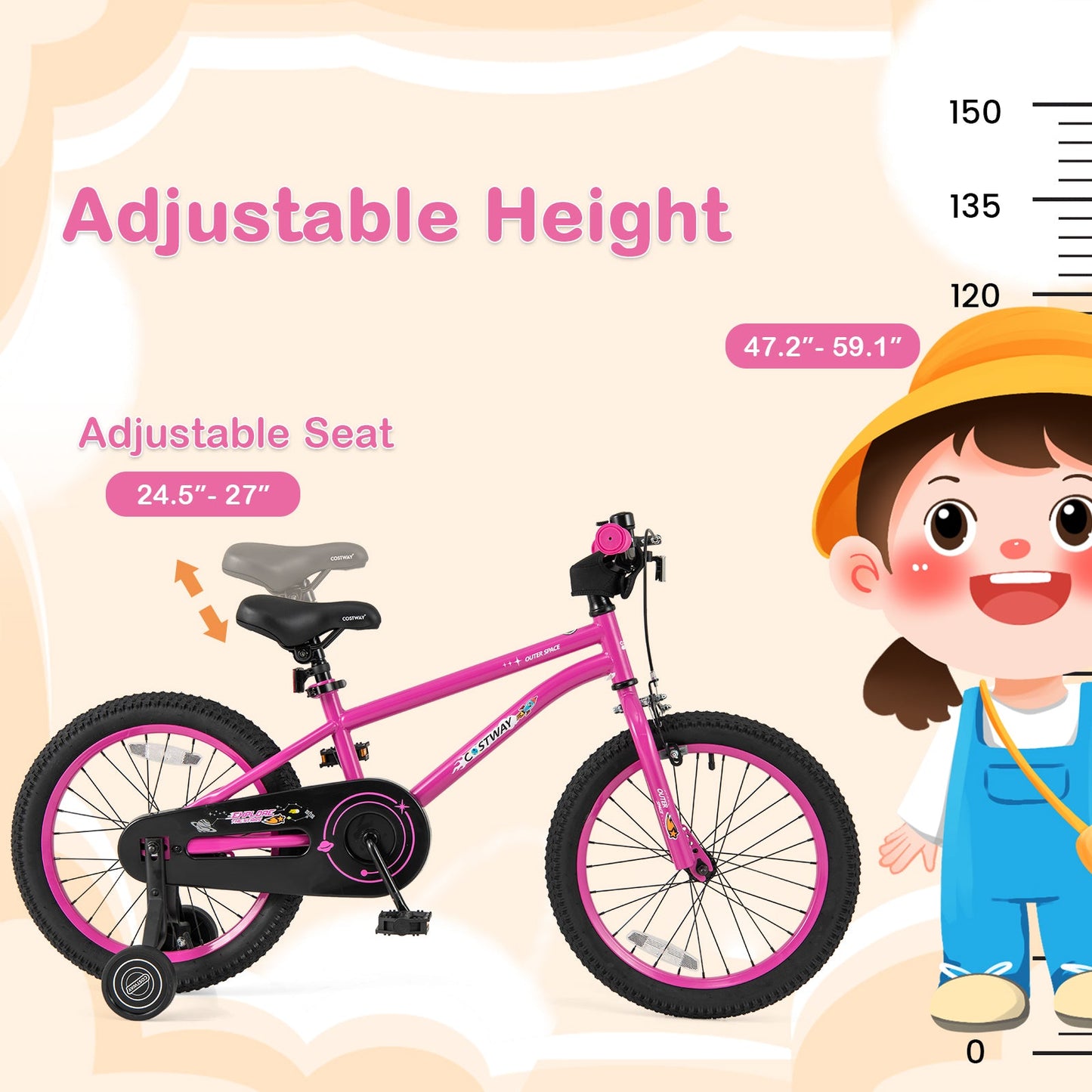 Vélo pour enfants de 18 pouces avec siège réglable et roues d'entraînement amovibles