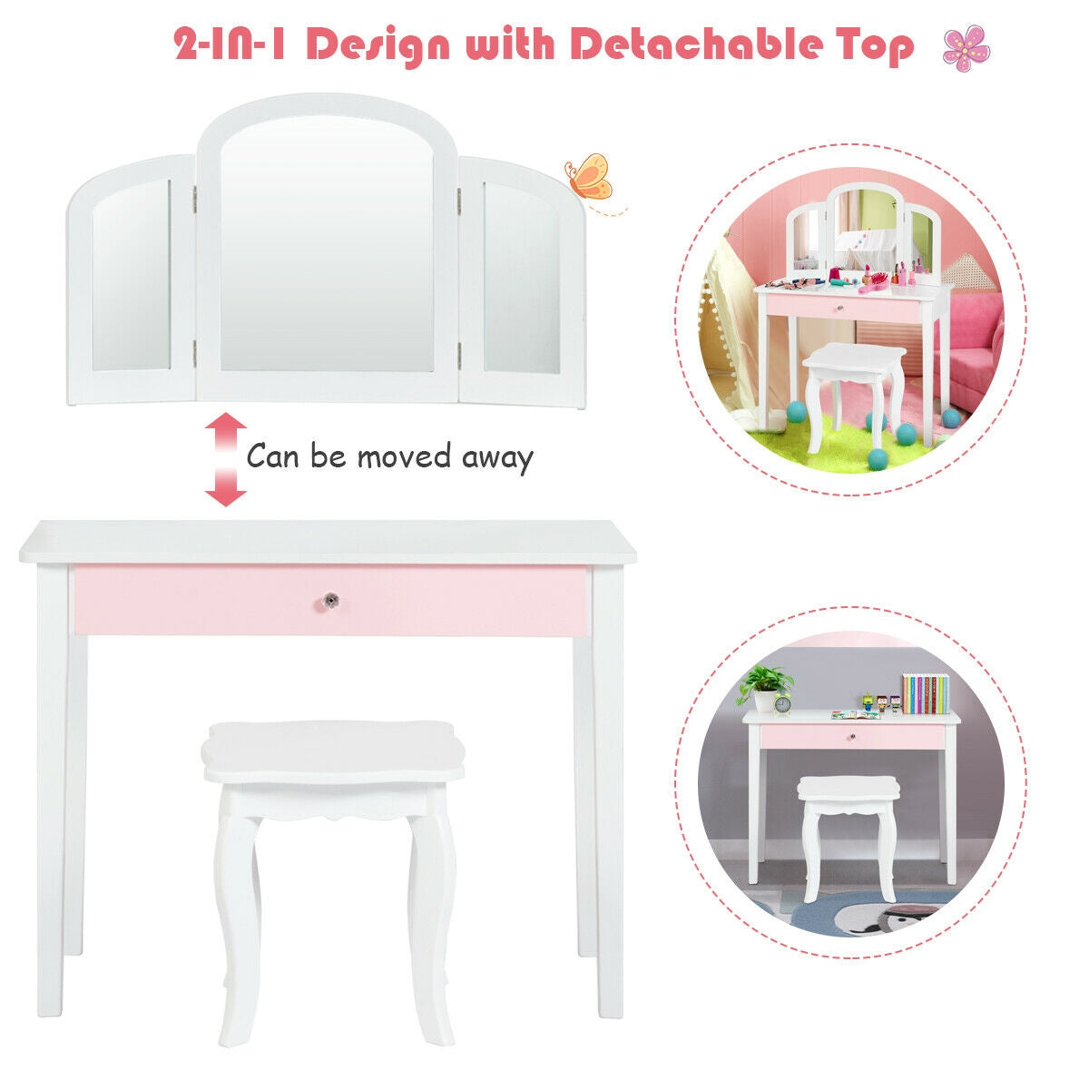 Kids Princess Makeup Dressing Table with Tri-Folding Mirror - White