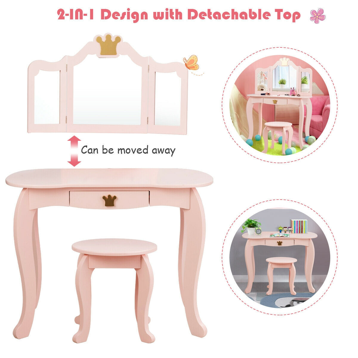 Kids Makeup Dressing Table with Tri-Folding Mirror - Pink