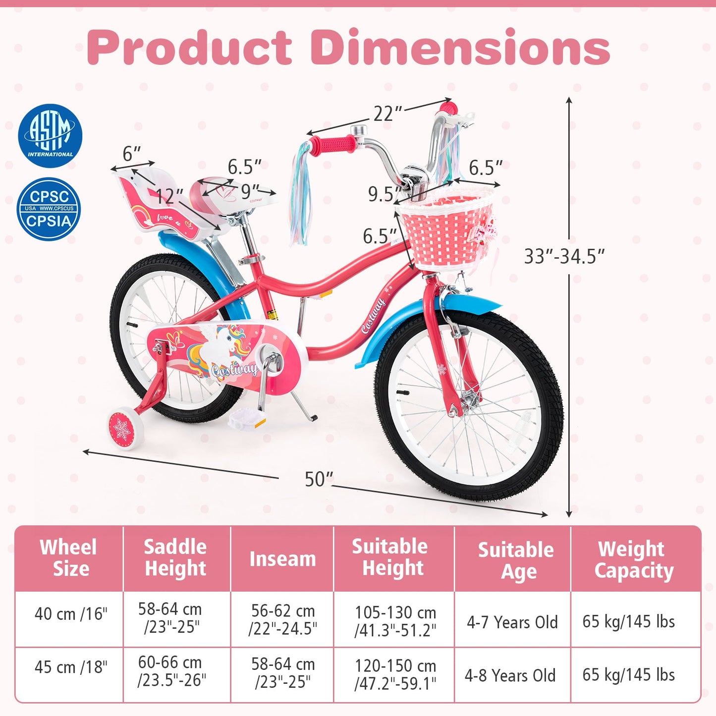 Vélo pour filles de 18 pouces avec siège pour poupée et roues d'entraînement